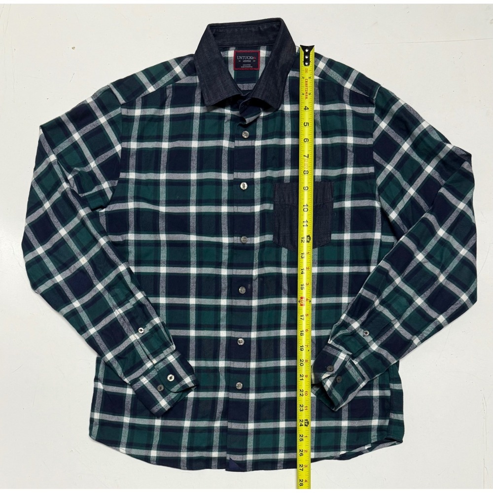 UNTUCKit Neely Mens Med Green Plaid Long‎ Sleeve Button Down Shirt Denim Collar